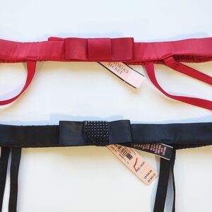 Victoria Secret Very Sexy Red Satin-Black Rhinestone Bow Garter Belts XS/S  2 Pc